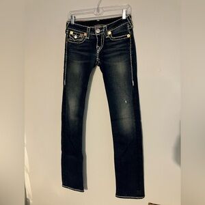 Dark wash True Religion Jeans with white Stitching